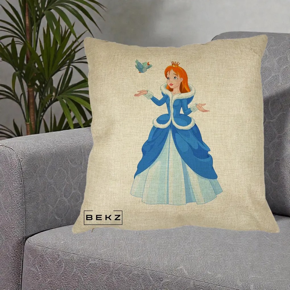 Perna Personalizata Printesa Albastra cu Pasare, 40x40 cm, Crem, Husa Detasabila, Perna Inclusa, BEKZ®