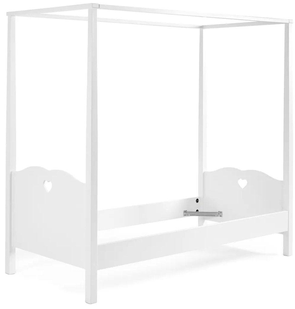 Set AMORI în alb format dintr-un Pat copii cu baldachin (90 x 200 cm) cu setul de textile asortat, o noptieră și un Dulap camera copii cu 2 uși.