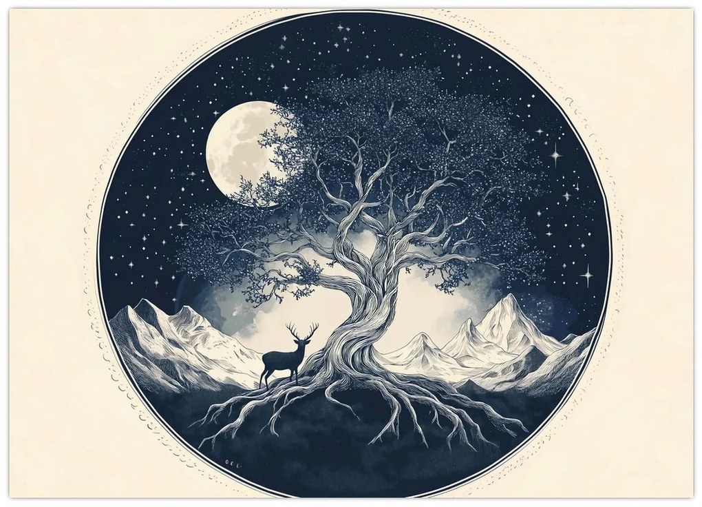 Tablou pe sticlă – Arbore magic cu cerb I. (70x50 cm)