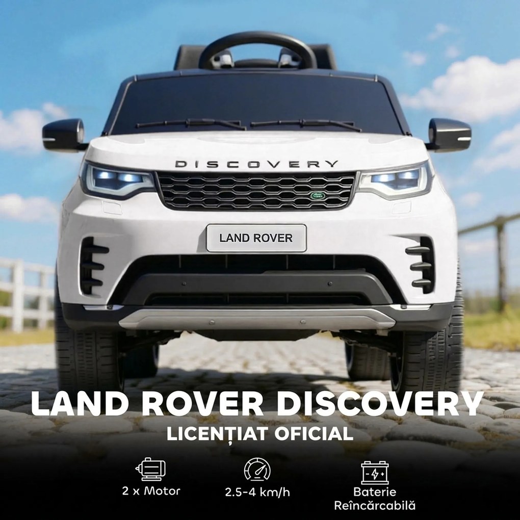 HOMCOM Mașinuță Electrică pentru Copii 3-6 Ani sub Licență Land Rover Discovery 12V, 2.5-4.5 km/h Auto Electrică pentru Copii cu 2 Motoare, Suspensii, Telecomandă, USB, Muzică, Faruri și Claxon, Alb | Aosom Romania