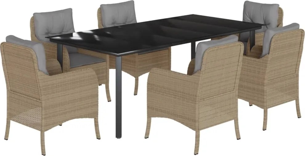 vidaXL Set de masă pentru grădină, 7 piese, cu perne, bej, poliratan