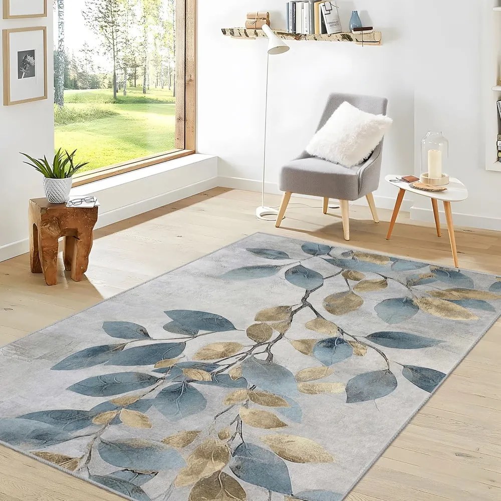 Covor albastru deschis/auriu lavabil 160x230 cm Golden Leaves – Mila Home