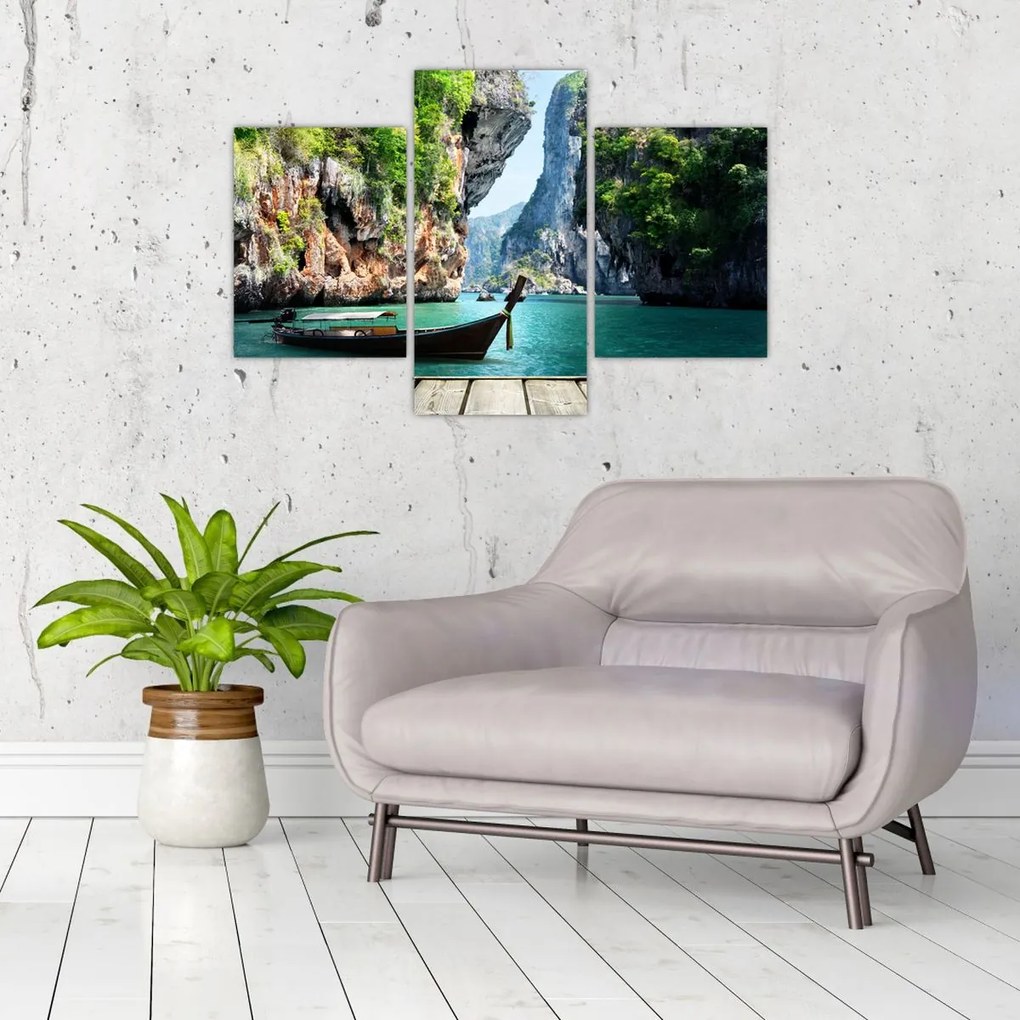 Tablou - Apă peisaj mediteranean cu barca (90x60 cm)