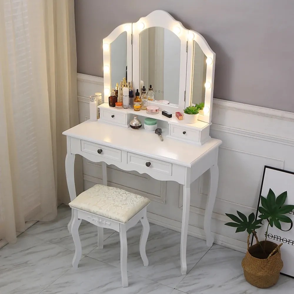 Set Aniela, Masă de toaletă cu 3 oglinzi iluminate LED, control touch, 4 sertare, scaun, Alb