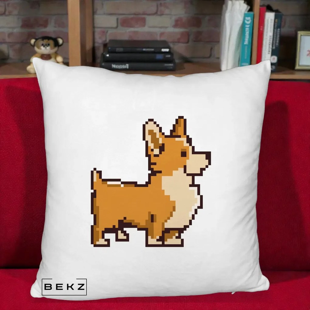 Perna Personalizata Corgi Pixel Art, 40x40 cm, Alb Pufos, Husa Detasabila, Perna Inclusa, BEKZ®