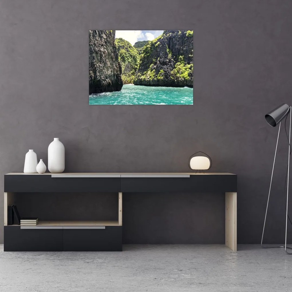 Tablou pe sticlă cu râu montan (70x50 cm)