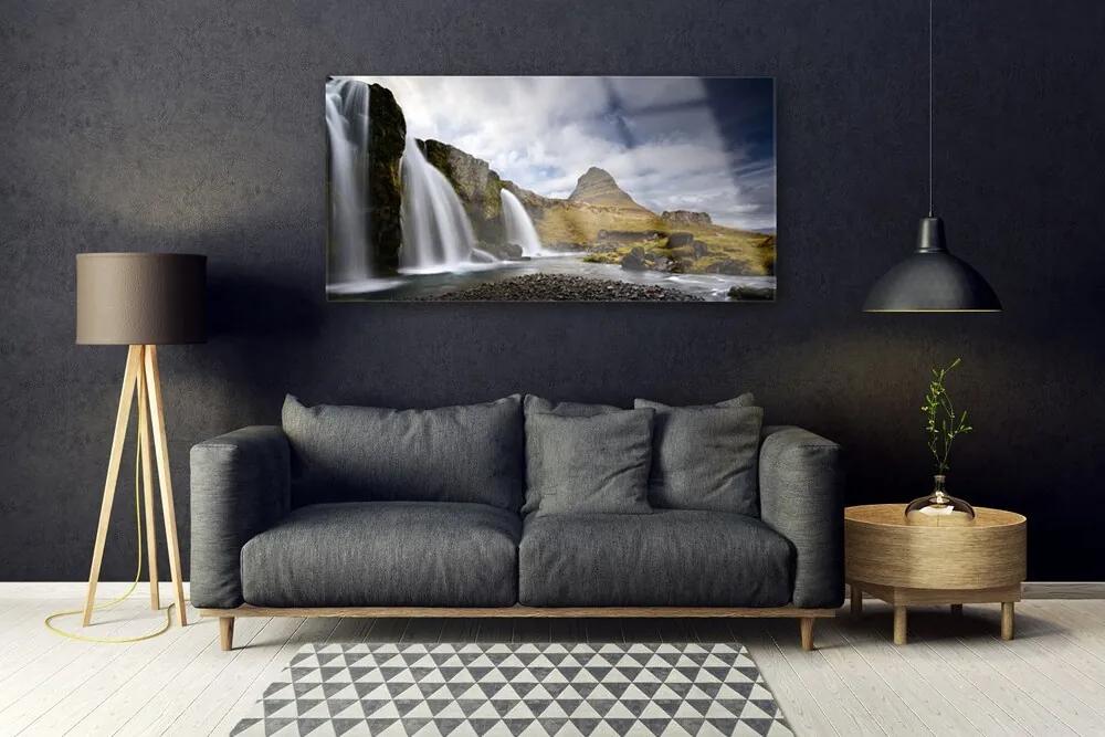 Tablouri acrilice Munții Waterfall Peisaj Gri Alb