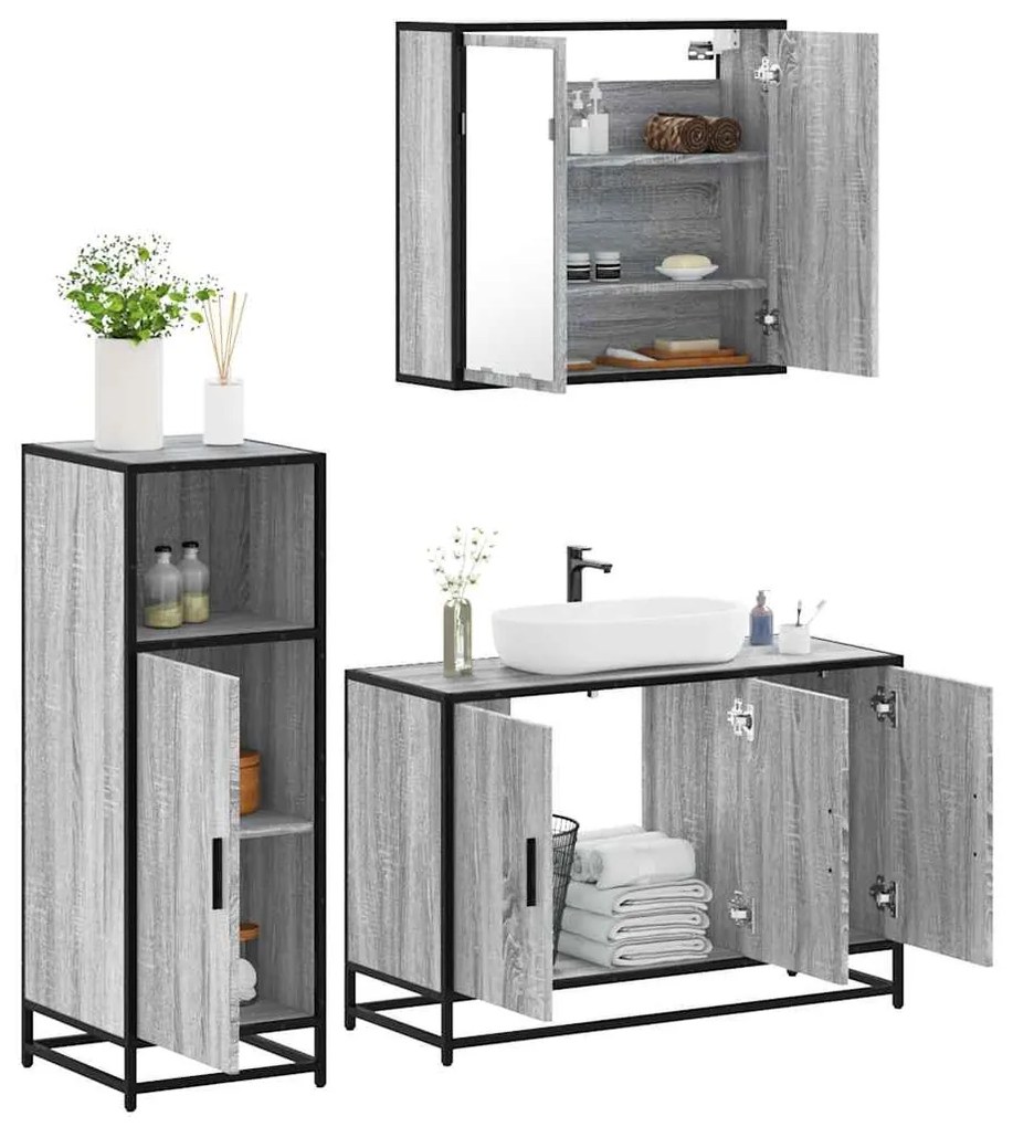 vidaXL Set mobilier de baie, 3 piese, gri sonoma, lemn prelucrat