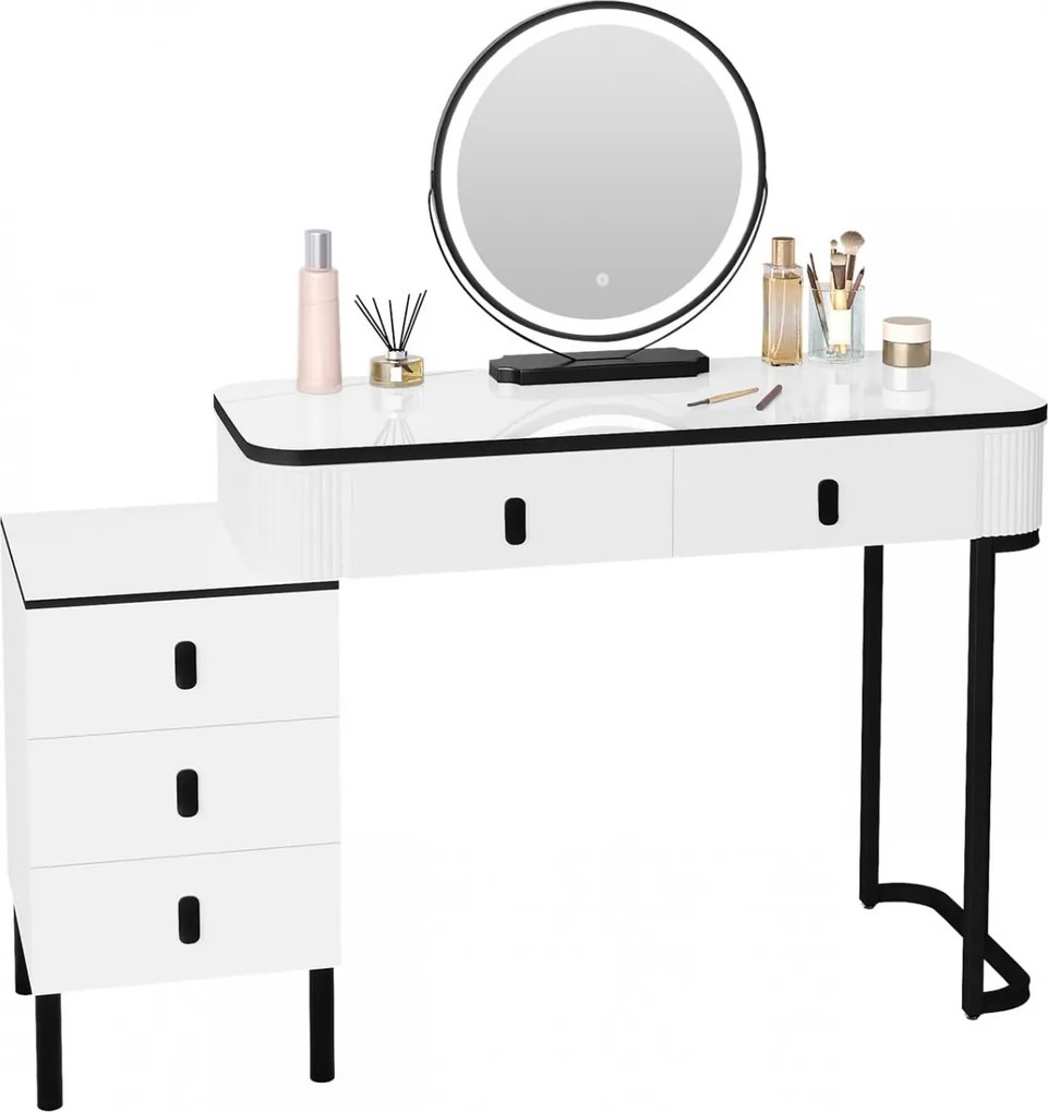 Masuta machiaj cu Oglinda LED si 5 Sertare pentru Cosmetice, Set Masa toaleta 100 cm, Alb, masuta cosmetica, vanity - SEA470