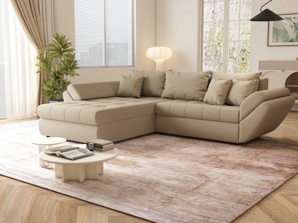 Colțar extensibil dumonde cu ladă de depozitare si sezut confortabil din spuma high-density, Loana Enjoy Camel 270x185 cm