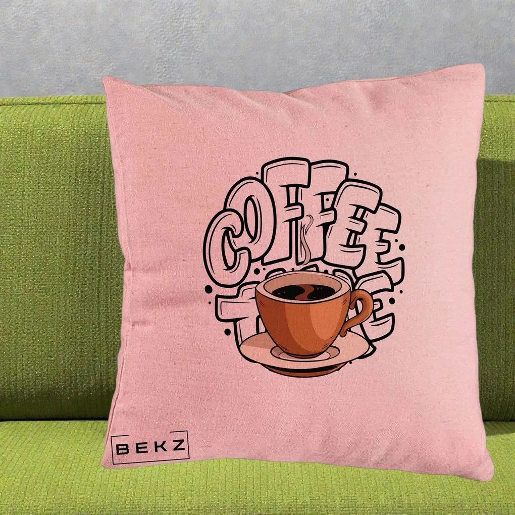 Perna Personalizata COFFEE cu Cana, 40x40 cm, Roz, Husa Detasabila, Perna Inclusa, BEKZ®