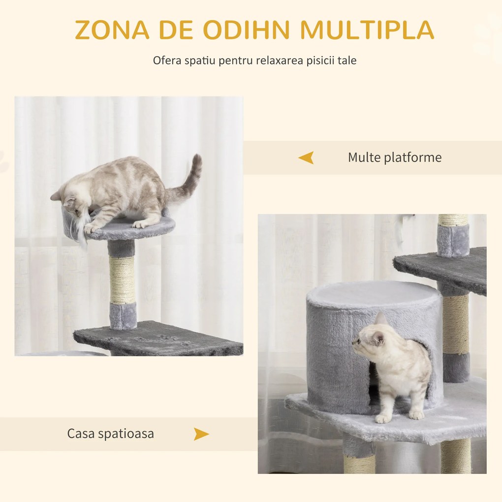 PawHut Copac pentru Pisici cu 3 Niveluri cu Soricel Gri, 48x48x100cm