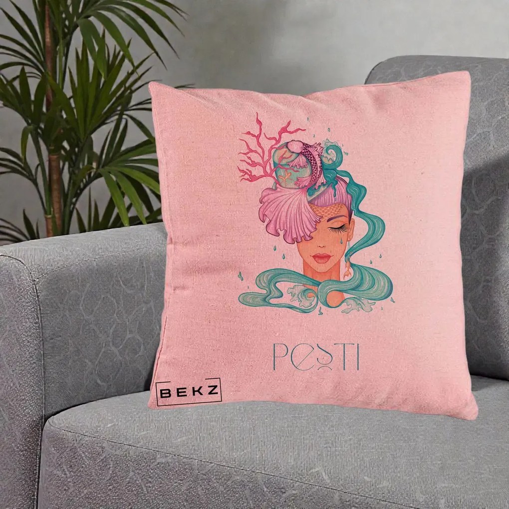 Perna Personalizata Zodiac Pesti Cowgirl, 40x40 cm, Roz, Husa Detasabila, Perna Inclusa, BEKZ®