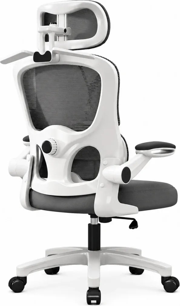 RESIGILAT- Scaun ergonomic cu suport lombar dinamic, tetieră 4D, cotiere rabatabile, Alb/Gri