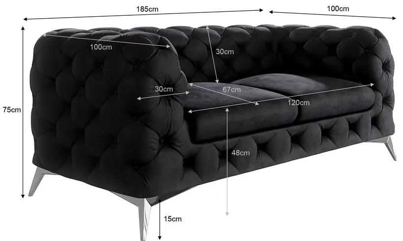 Canapea neagră cu tapițerie din catifea 185 cm Chelsea – Ropez