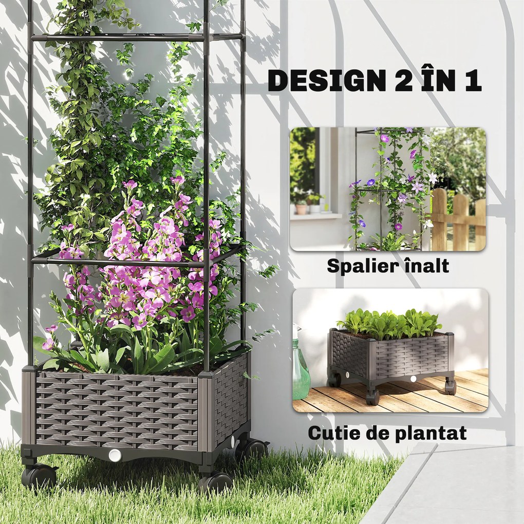 Outsunny Jardinieră Înălțată Autoirigantă din Metal cu Spalier de 185 cm, cu 4 Roți Blocabile pentru Plante Cățărătoare, Recipient cu Găuri de Drenaj pentru Legume și Flori, Negru | Aosom Romania