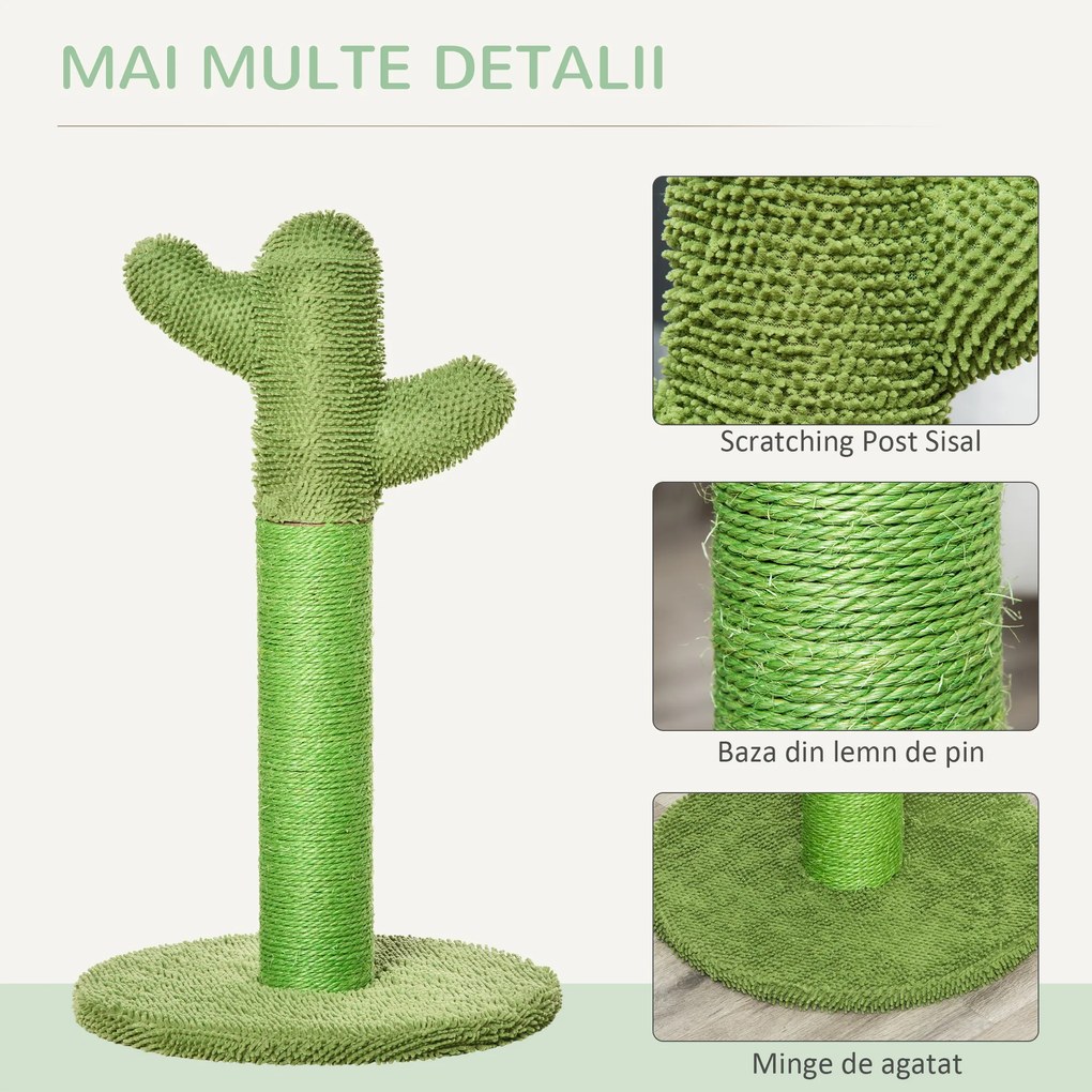 PawHut Arbore de Zgâriat pentru Pisici, Design Cactus cu Sisal, Ideal pentru Pisici Adulte și Pui, 40x40x65cm, Verde | Aosom Romania