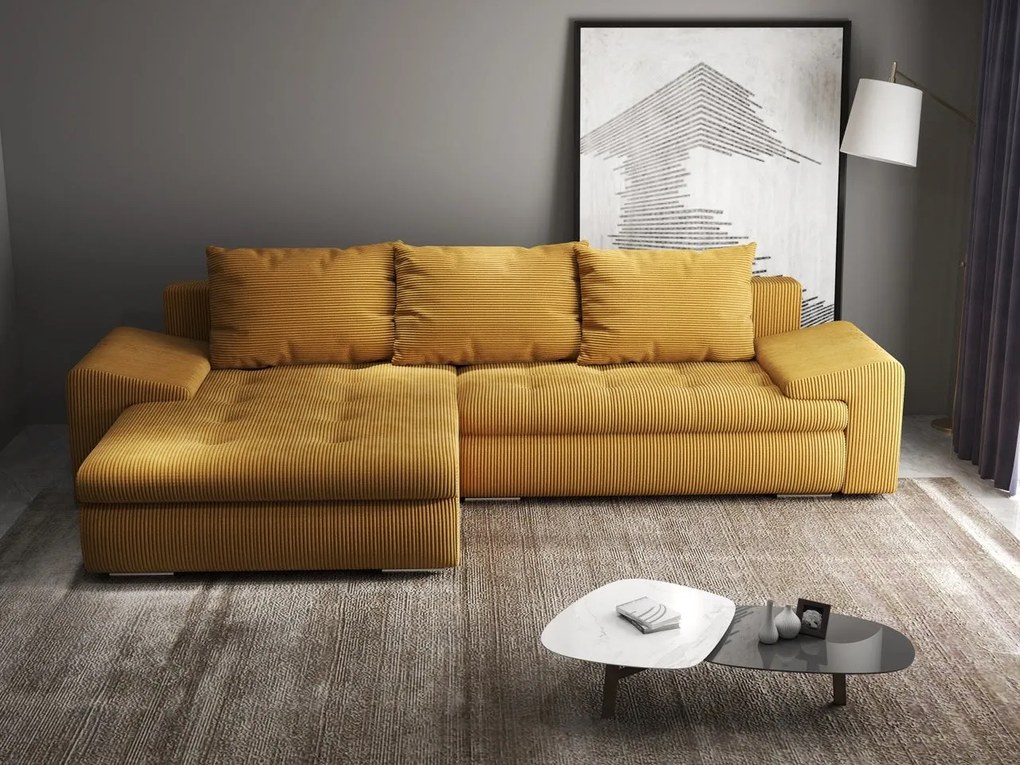 Colțar extensibil dumonde cu ladă de depozitare si sezut confortabil din spuma high-density, Leonardo Zoom Mustar 260x185 cm