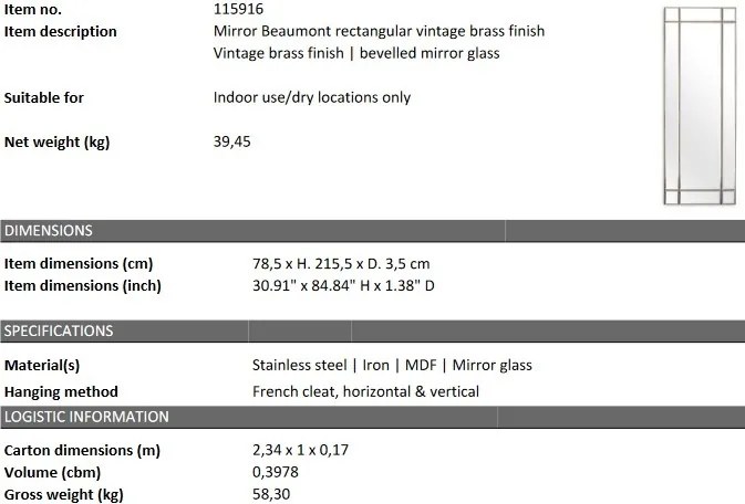 Oglinda decorativa LUX Beaumont Rectangular, alama vintage 78x215cm 115916 HZ