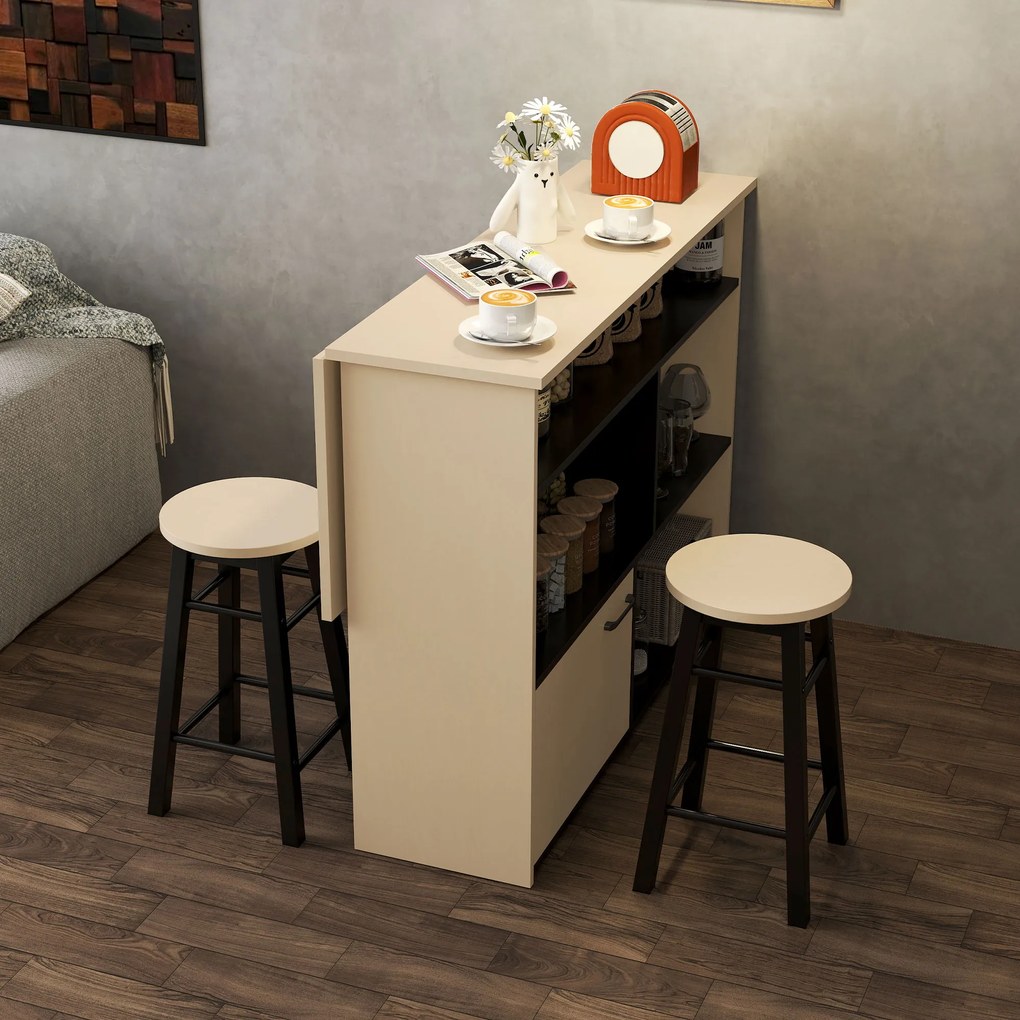 HOMCOM Set de bar 3 piese, Masă de bar cu placă pliabilă, 2 scaune de bar, 6 compartimente de stocare, negru+stejar, 116 x 70 x 89,5 cm | Aosom Romania