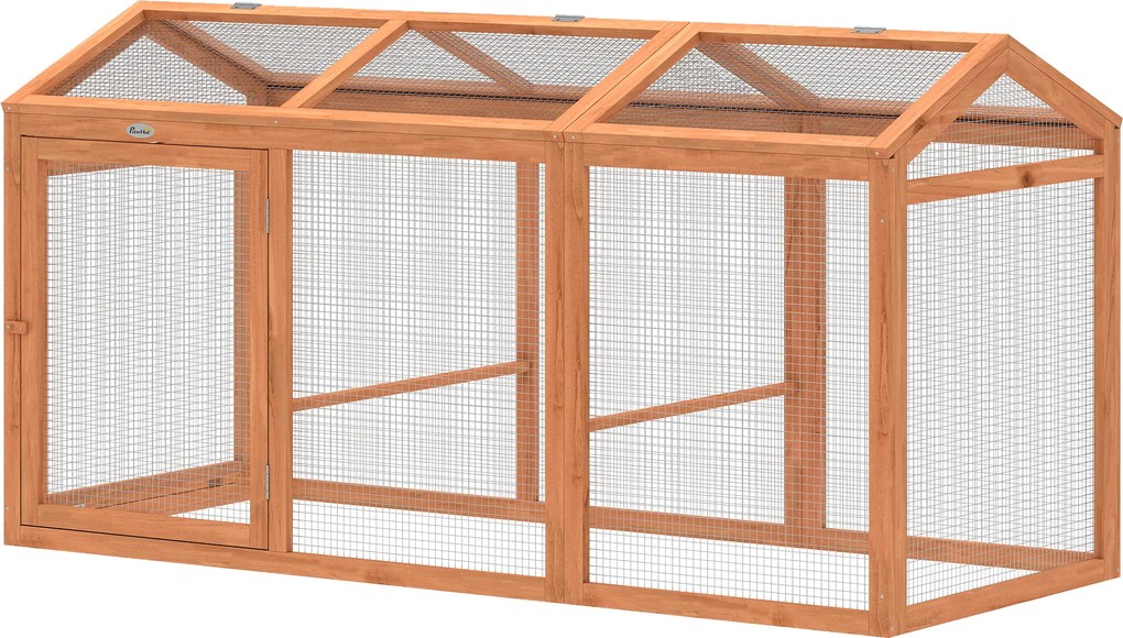 PawHut Adăpost exterior pentru găini cu bară de odihnă și uși duble, din lemn și metal, pentru 4 găini, 156 x 70,5 x 84 cm Portocaliu | Aosom Romania
