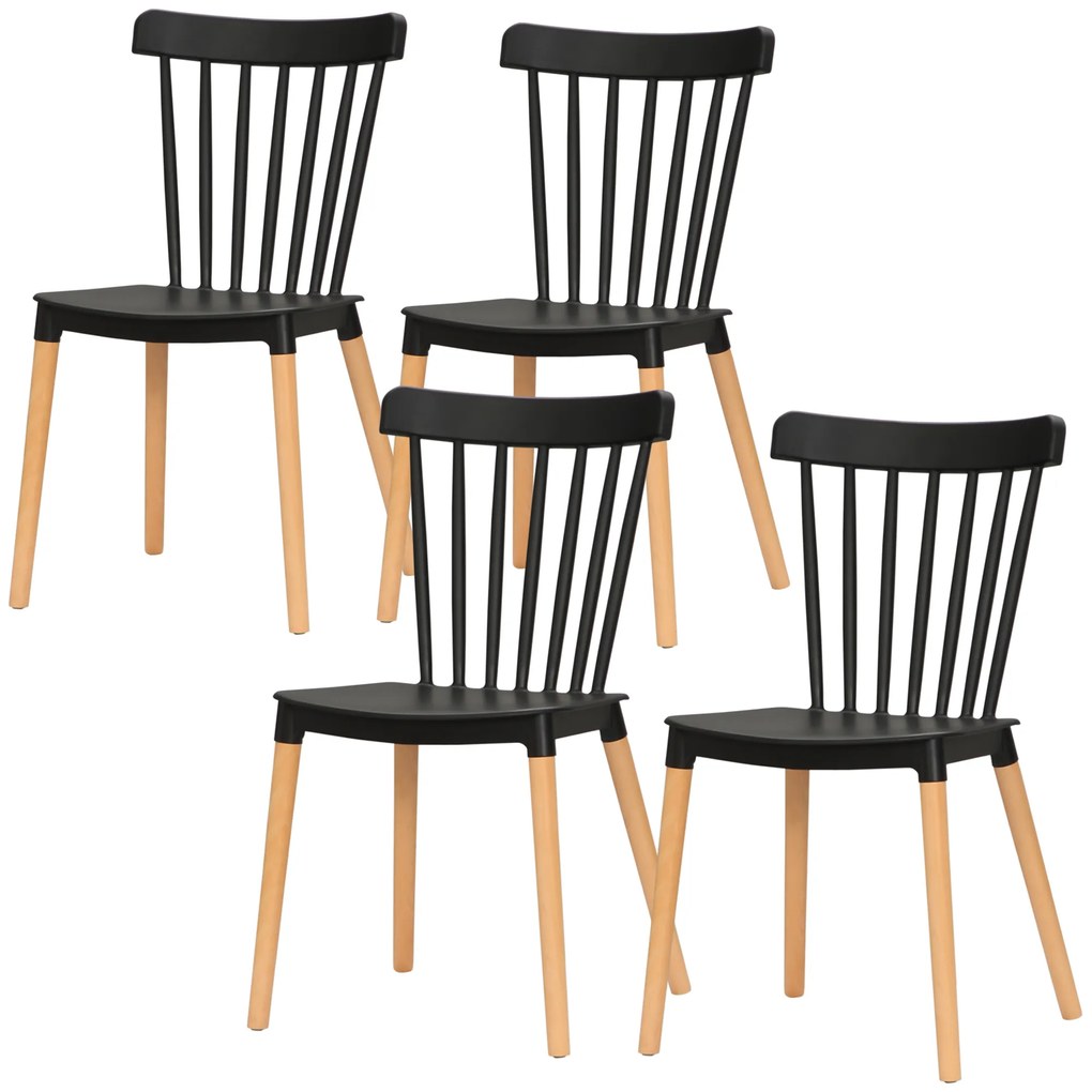 HOMCOM Set de 4 scaune stil scandinav cu spătar înalt, șezut din polipropilenă, picioare din lemn de fag 48 x 52,5 x 83 cm negru | Aosom Romania