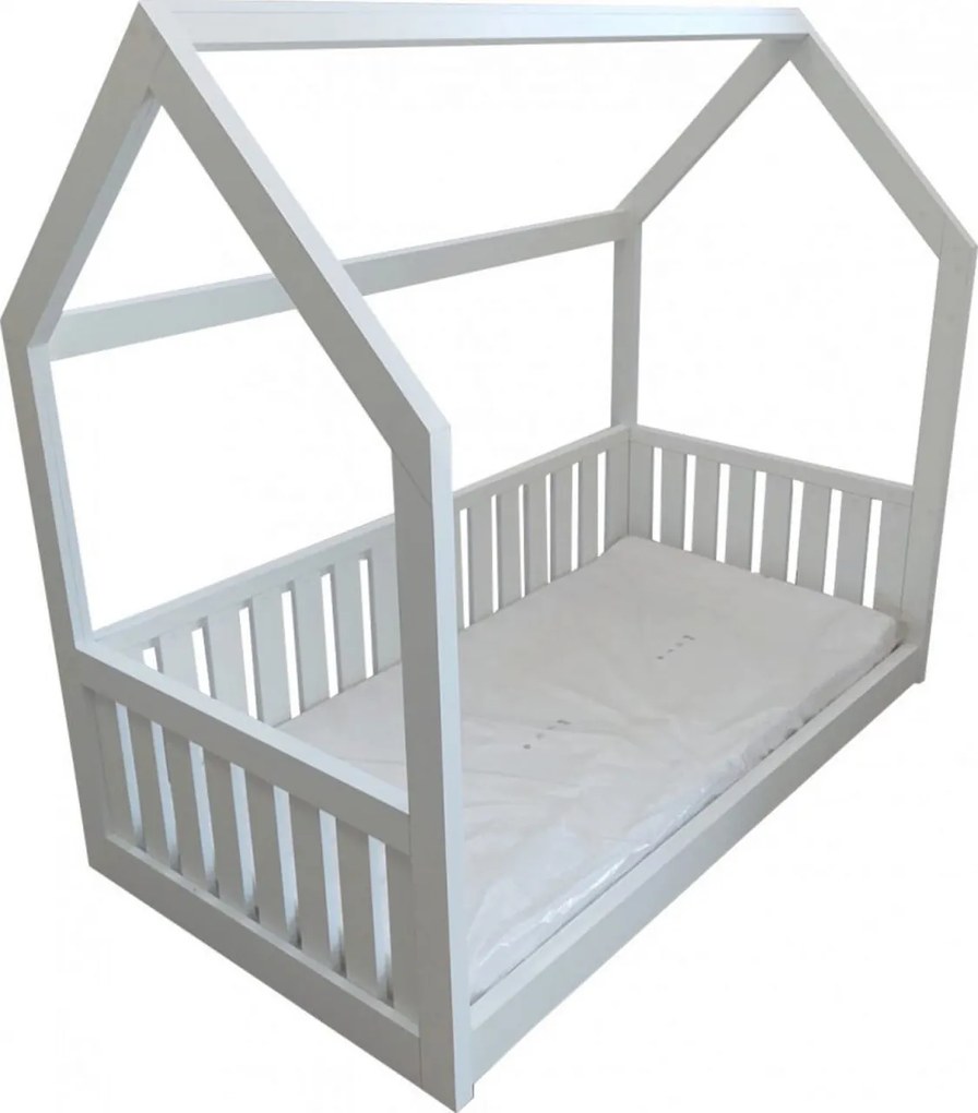 Pat tip casuta pentru copii NOVOKIDS™ Lovely Little House, 160x80 CM, Set cu Saltea din Spuma MATSEN® 10 CM Inclusa, Pal 18 mm, Margini anti-lovire,