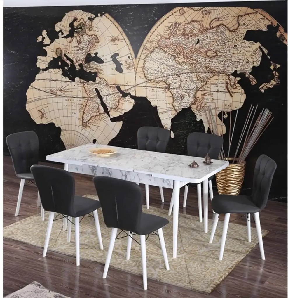 Set masa extensibila cu 6 scaune tapitate Homs marmorat alb  250-30650 bej- negru 170 x 80 cm