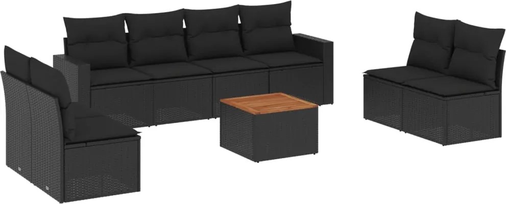 vidaXL Set mobilier de grădină cu perne, 9 piese, negru, poliratan