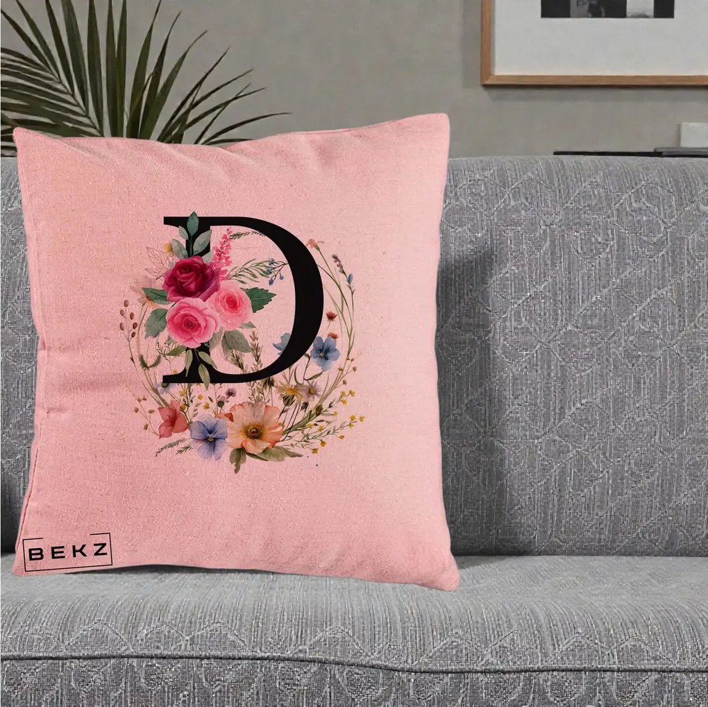 Cadou Personalizat - Perna Personalizata Monogram Litera D cu Flori Acuarela, 40x40 cm, Roz, Husa Detasabila, Perna Inclusa, BEKZ®