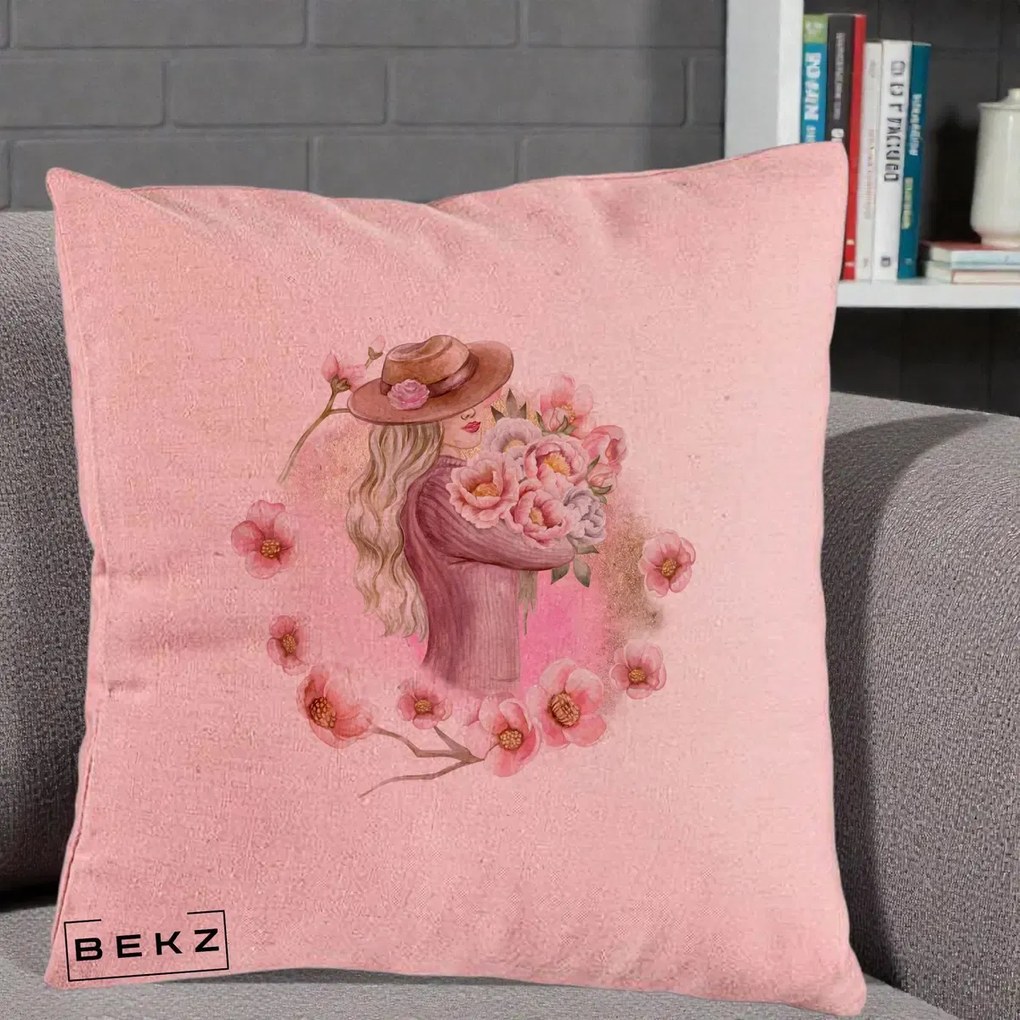 Perna Decorativa Femeie cu Flori Roz Acuarela, 40x40 cm, Roz, Husa Detasabila, Perna Inclusa, BEKZ®