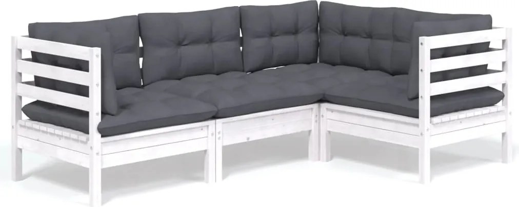 vidaXL Set mobilier grădină cu perne, 4 piese, alb, lemn de pin