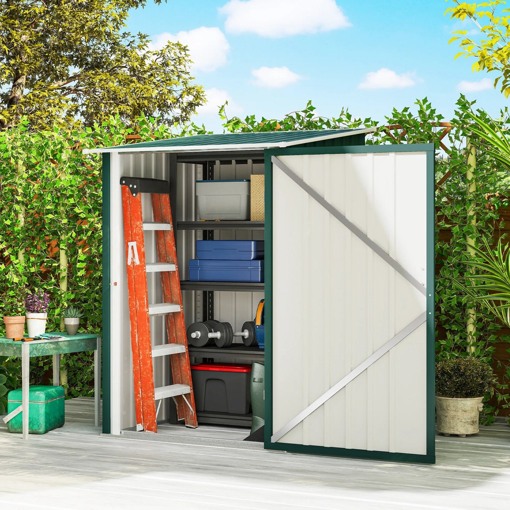 Outsunny Căsuță de Grădină 0,92m² din Oțel Galvanizat, Depozit pentru Unelte cu Ușă Blocabilă, Acoperiș Înclinat, 100x104x160 cm, Verde | Aosom Romania