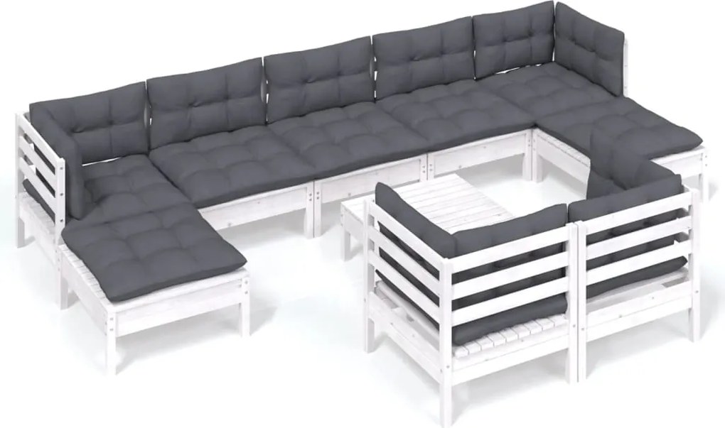 vidaXL Set mobilier grădină cu perne, 10 piese, alb, lemn masiv pin