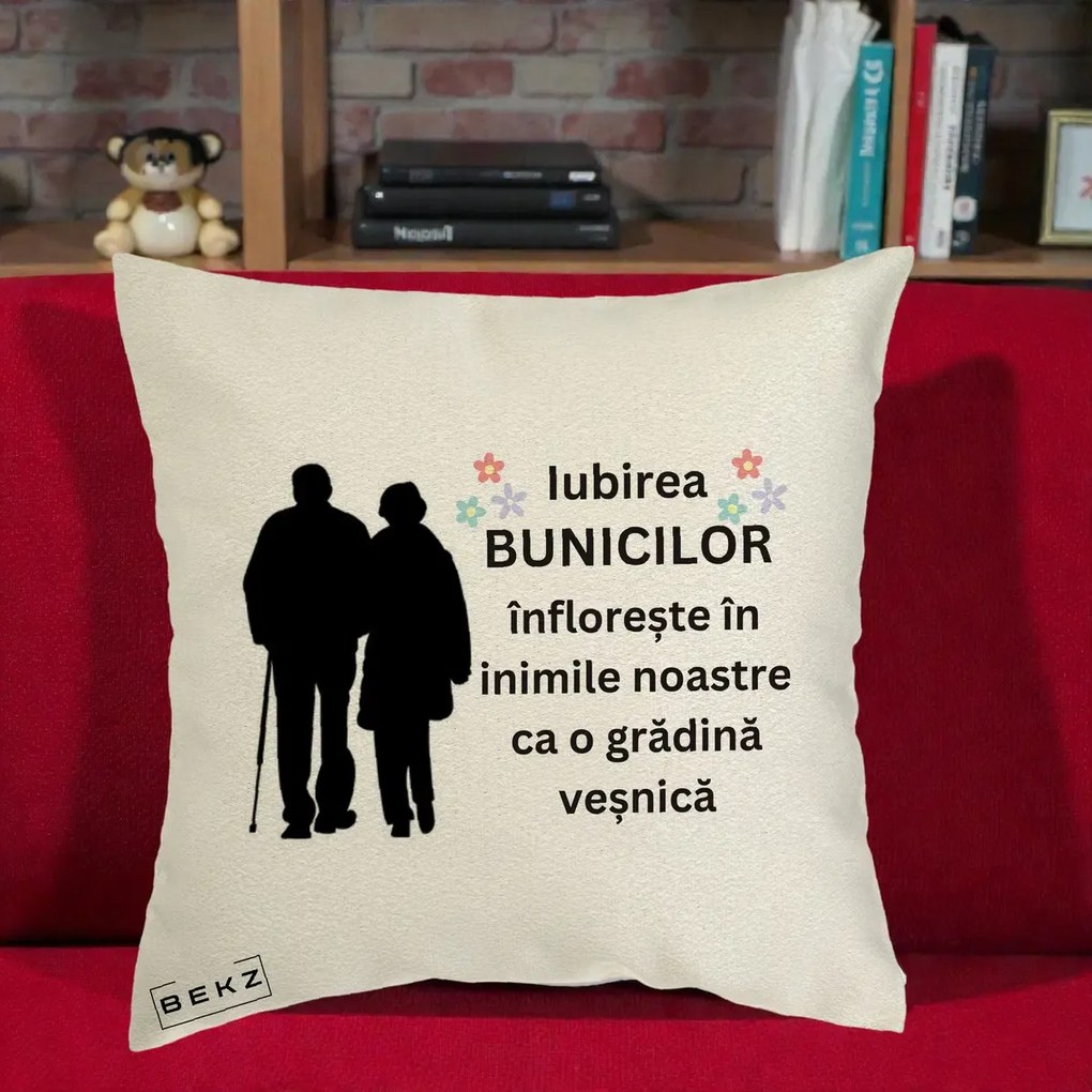 Cadou pentru Bunici - Perna Personalizata Bunicii Iubirea Infloreste Silueta Neagra Flori, 40x40 cm, Ecru, Husa Detasabila, Perna Inclusa, BEKZ®