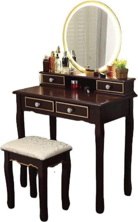 Set Olivia, Masă de toaletă pentru machiaj cu oglindă iluminată LED, 4 sertare, scaun, Maro
