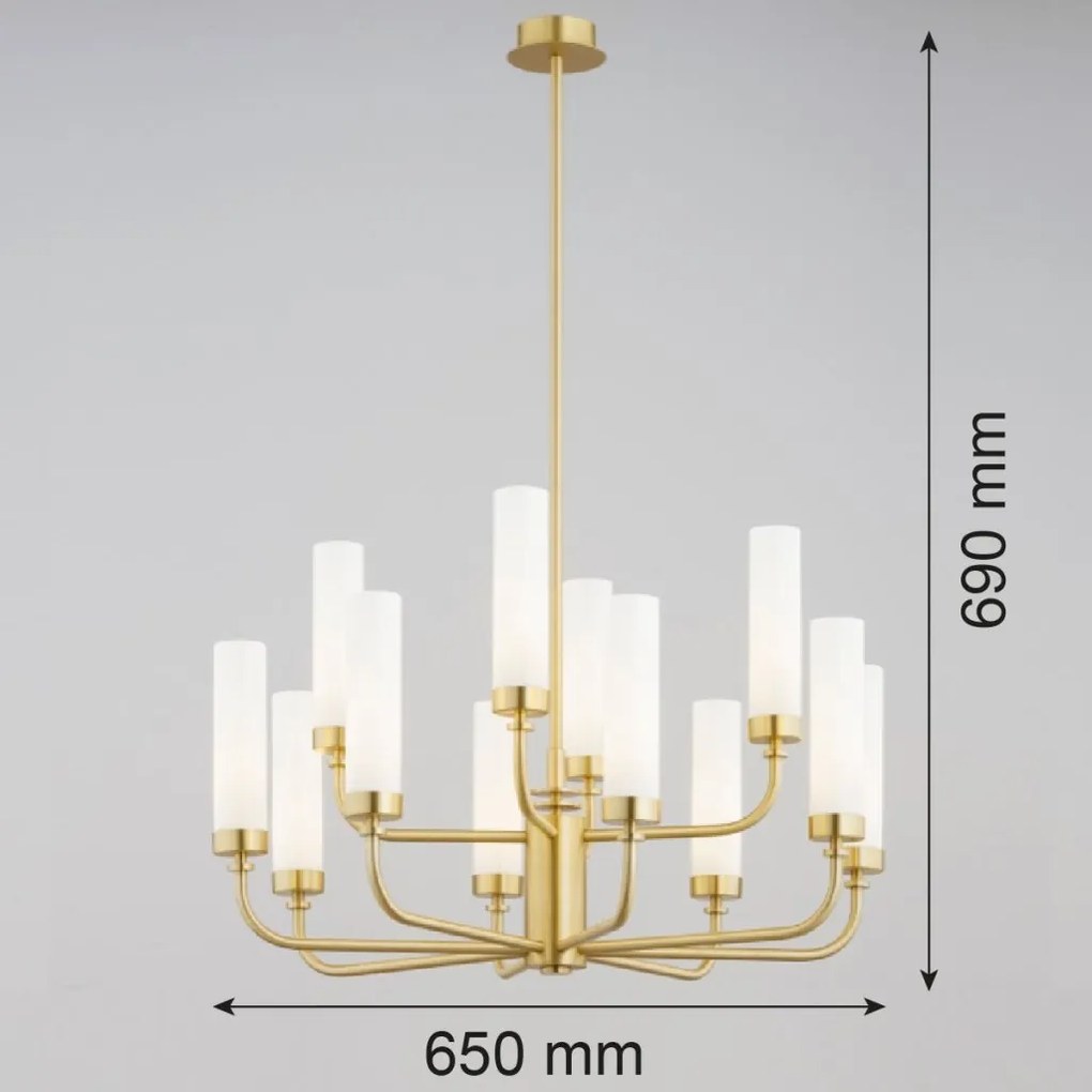 Candelabru 12 brate, alama periata, sticla alb mat PRESTON 5085