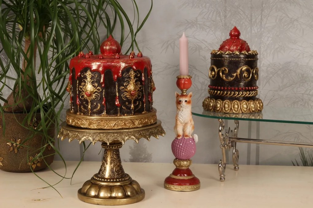 Tort decorativ din polirășină, maro și roșu, cu dom roșu, stele și ornamente aurii, 23 x 16,5 cm, „Charlotte”