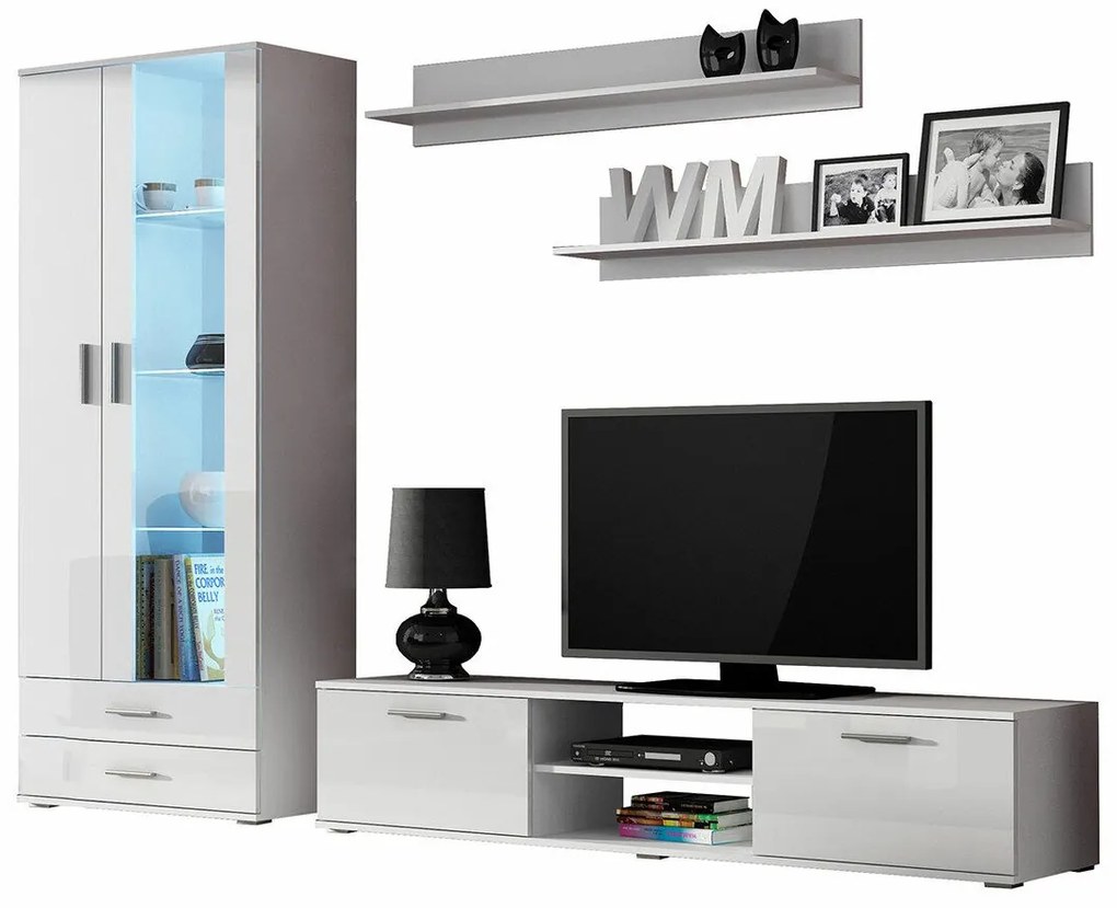 Camera de zi Charlotte E115Alb, Alb lucios, Cu componente suplimentare, Părți separate, Cu comodă TV, MDF, PAL laminat, Sticlă, 192x43cm, 111 kg