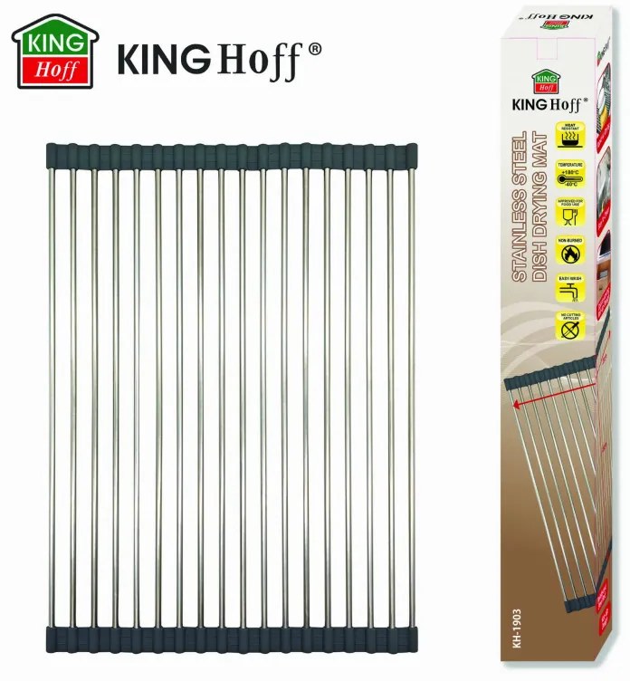 Uscator pentru vase pliabil Kinghoff KH 1903, 45x32 cm, Rezistent la coroziune, Margini din silicon, Antiderapant, Pliabil, Inox/gri