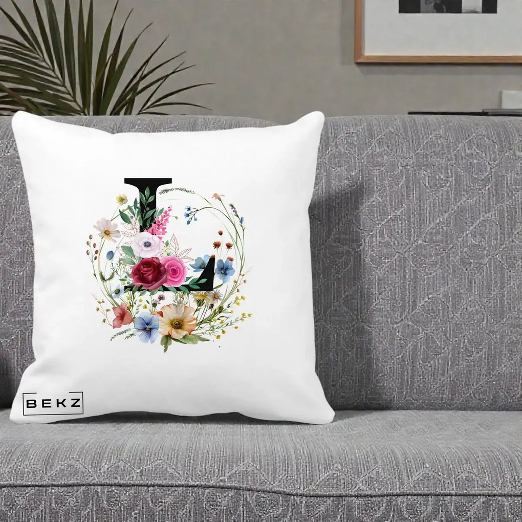 Cadou Personalizat - Perna Personalizata Monogram Litera L cu Flori Acuarela, 40x40 cm, Alba Mata, Husa Detasabila, Perna Inclusa, BEKZ®