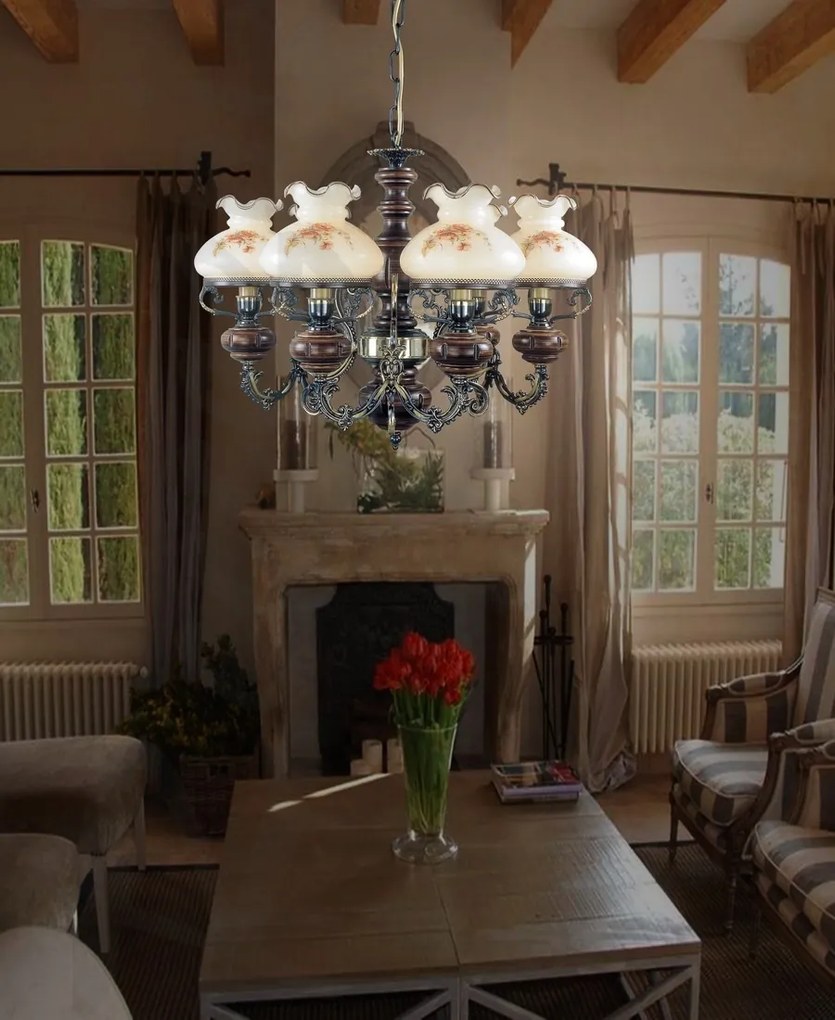 Candelabru cu 6 brate design italian din alama cu lemn 624