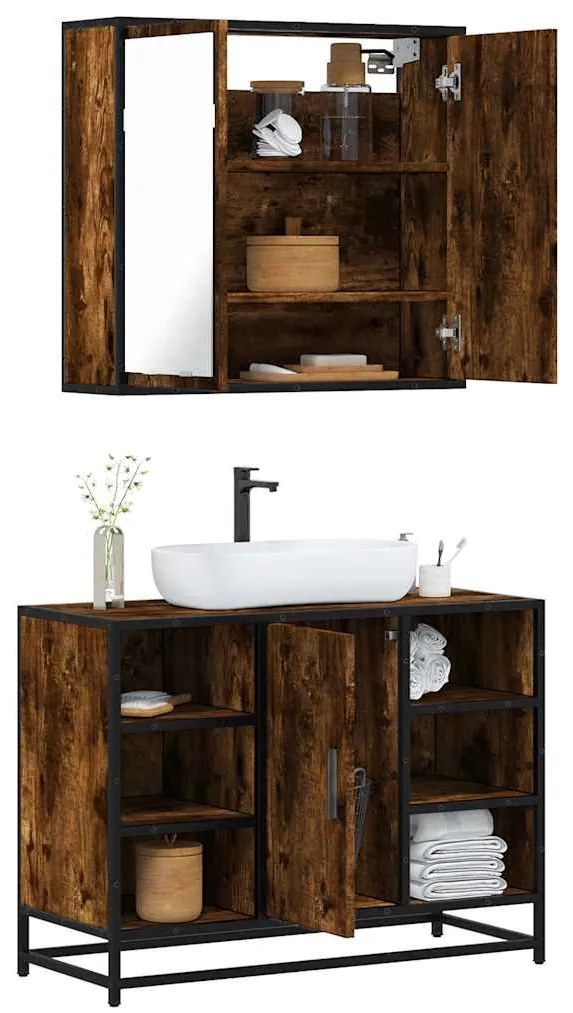vidaXL Set mobilier de baie, 2 piese, stejar fumuriu, lemn prelucrat