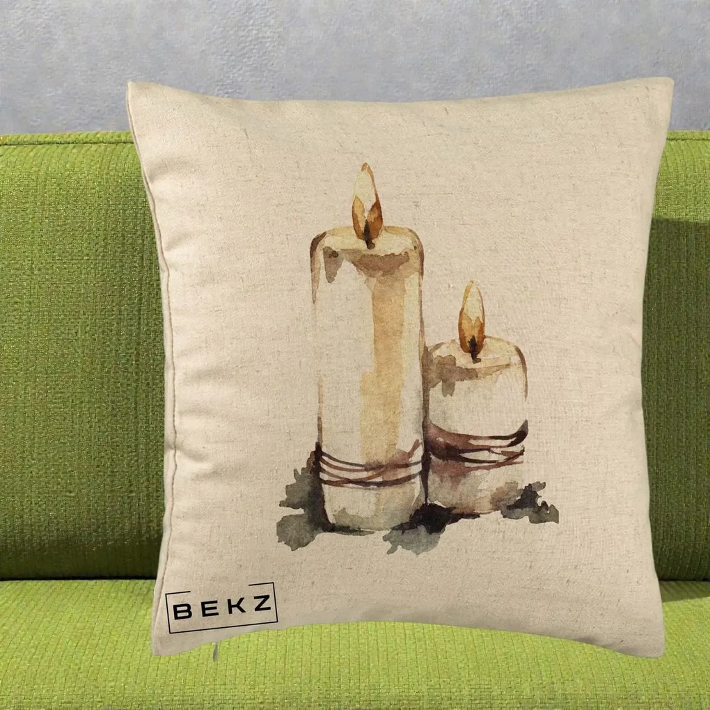 Perna Decorativa Lumanari Acuarela Iarna, 40x40 cm, Bej, Husa Detasabila, Perna Inclusa, BEKZ®