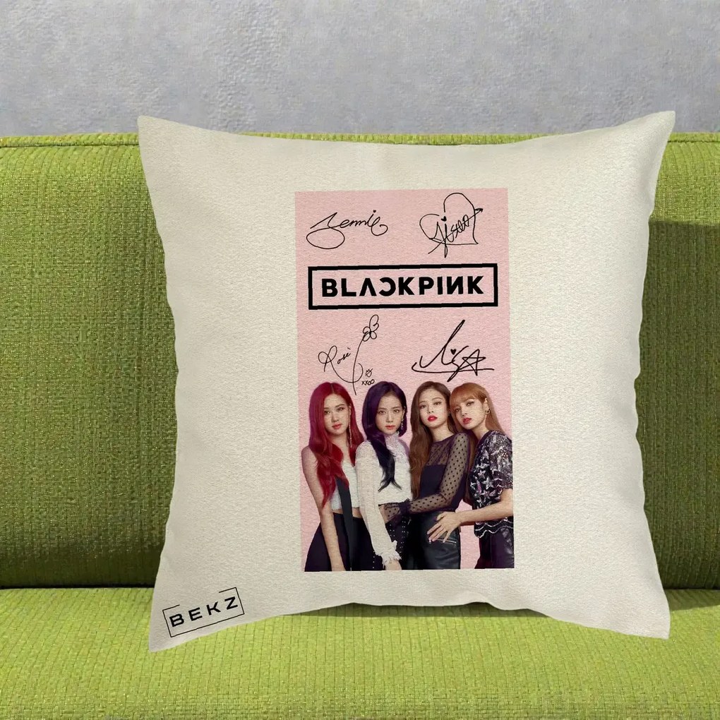 Perna Personalizata K-pop BLACKPINK Semnaturi si Foto, 40x40 cm, Ecru, Husa Detasabila, Perna Inclusa, BEKZ®