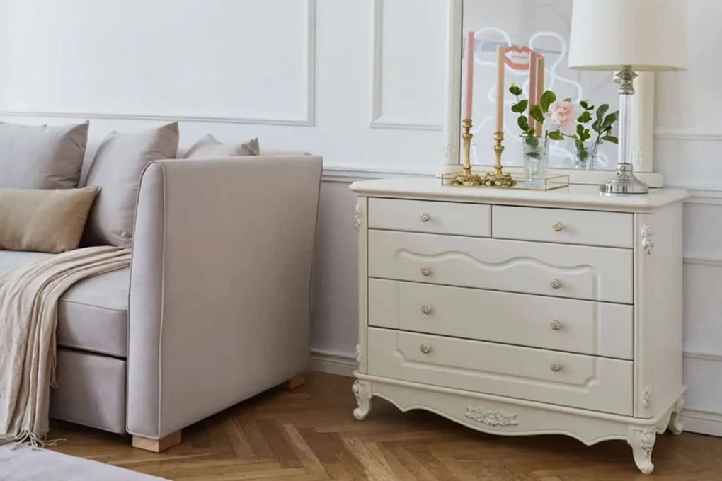 Comodă lemn masiv Paris 5 Sertare Ecru, 100 × 47 × 78 cm