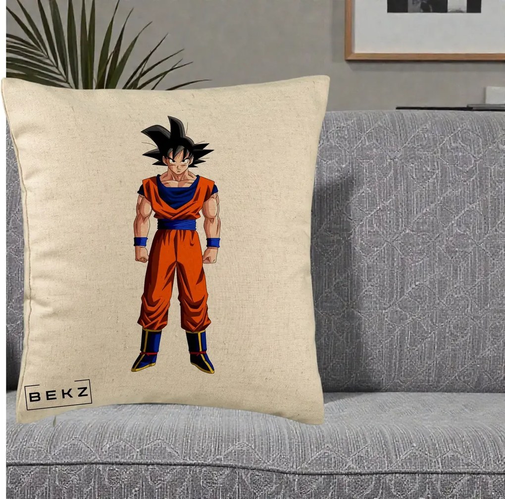 Perna Personalizata Dragon Ball Goku Complet in Gi Portocaliu, 40x40 cm, Bej, Husa Detasabila, Perna Inclusa, BEKZ®