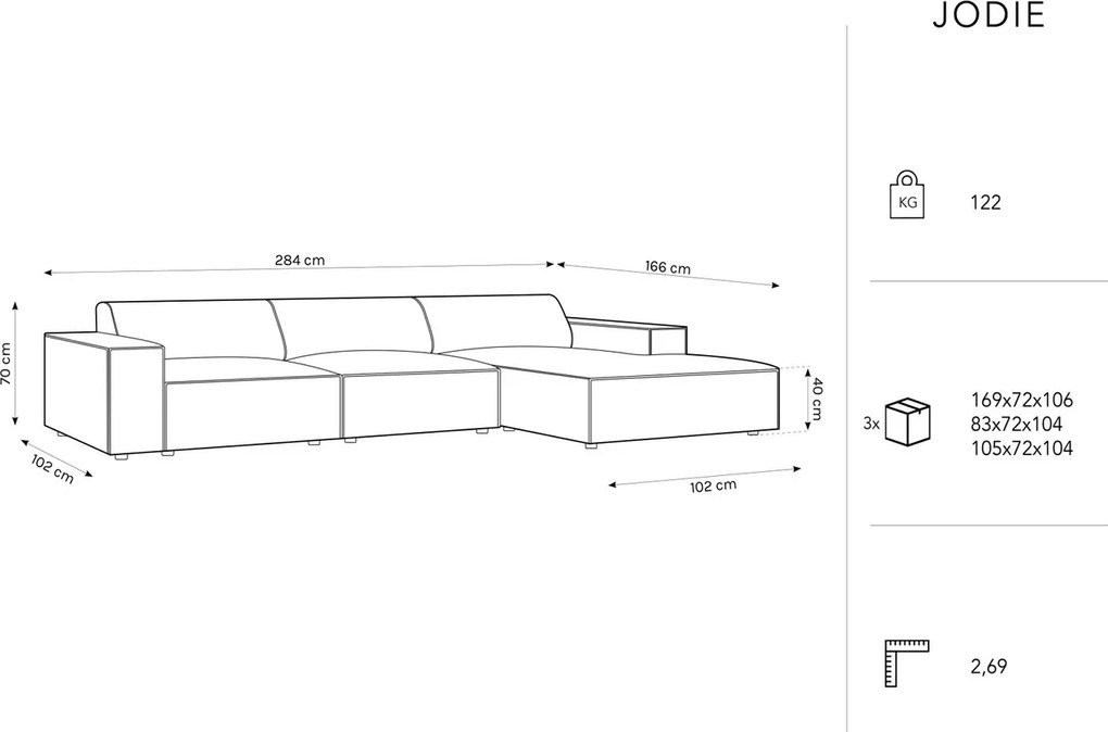 Coltar dreapta 4 locuri, Jodie, Micadoni Home, BL, 284x166x70 cm, catifea, albastru regal