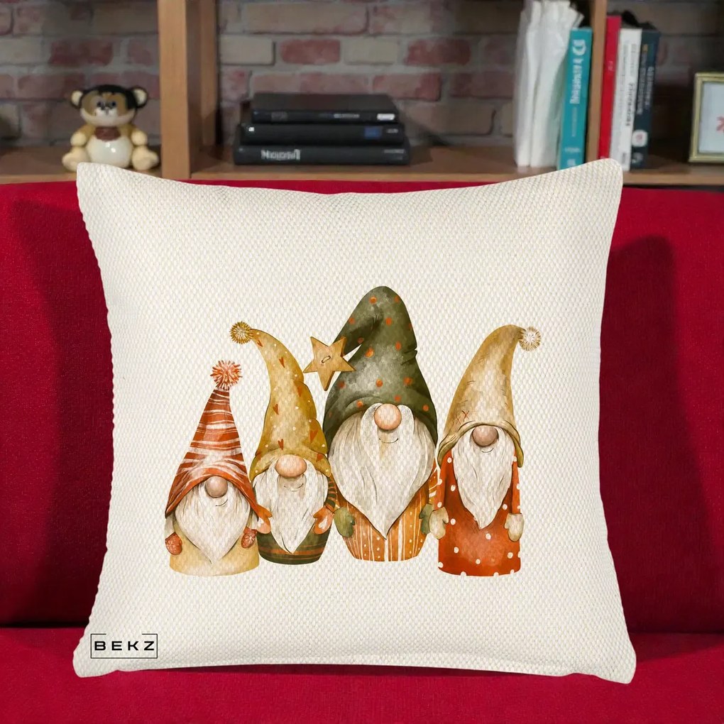 Perna Decorativa Gnomi de Craciun Patru, 40x40 cm, Crem Reliefat, Husa Detasabila, Perna Inclusa, BEKZ®