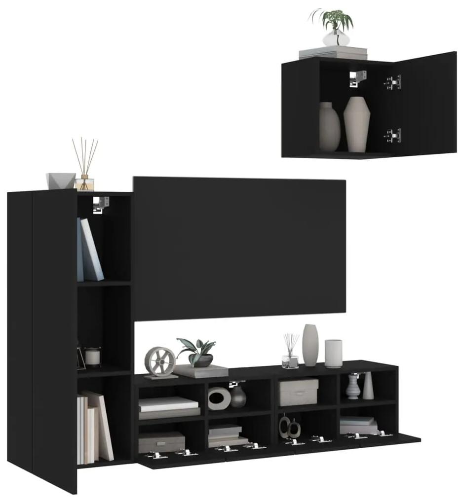 Unitati TV de perete, 4 piese, negru, lemn prelucrat
